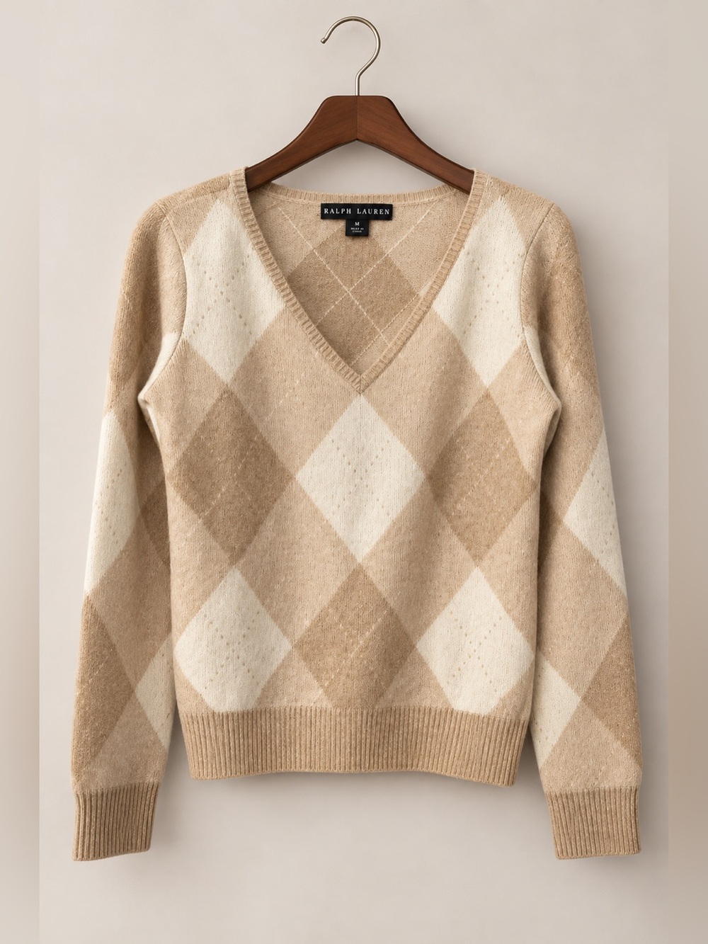 Ralph Lauren | 100% Cashmere Argyle V Neck Sweater Beige/Ivory